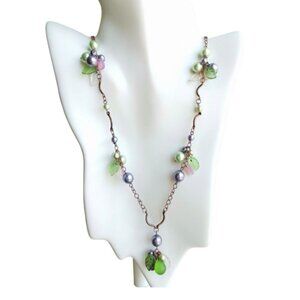 Vintage Czech pressed Glass Pearl long Necklace Purple Green